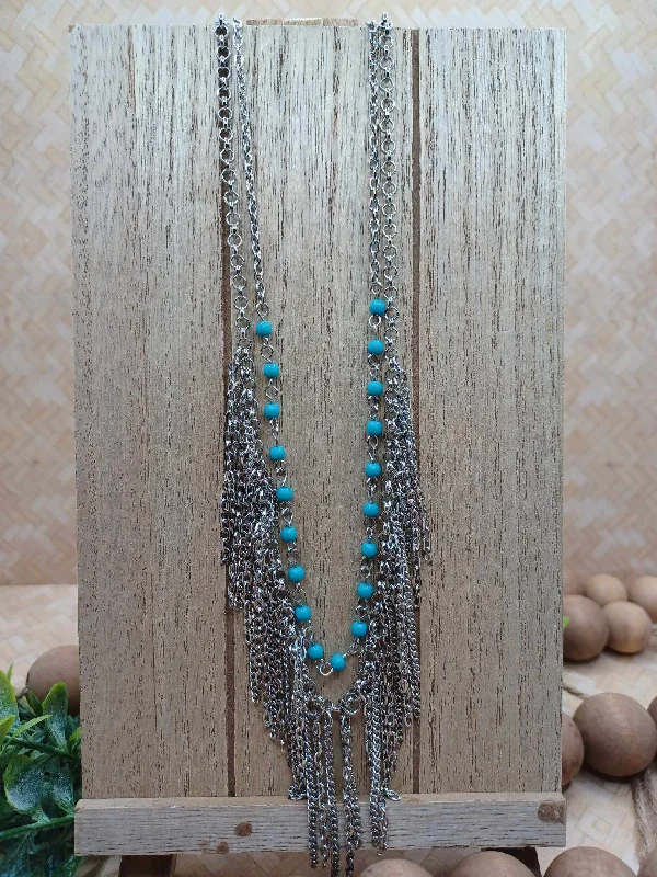 luxury statement necklaces for women -Silver Double Layered Necklace w/ Turquoise Beading & Silver Tassel Layers