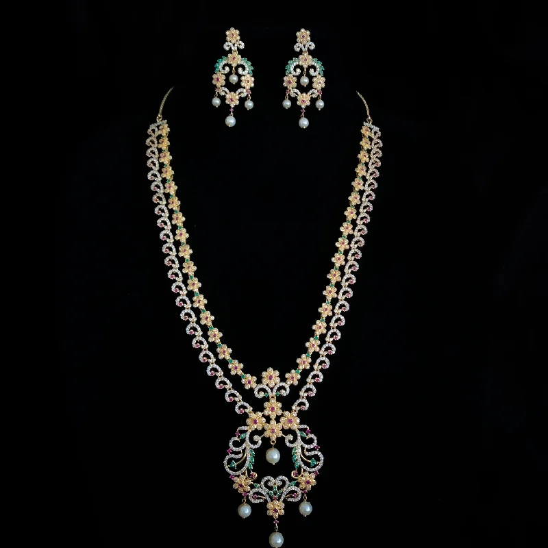 stylish necklaces for women -Exquisite Two-layer Long Zircon (CZ) Necklace set with white, red, and green stones.