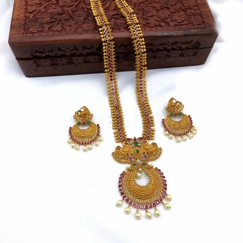 symbolic charm necklaces for women -Traditional Long Matte Antique Gold Plated Peacock Haaram Necklace Set