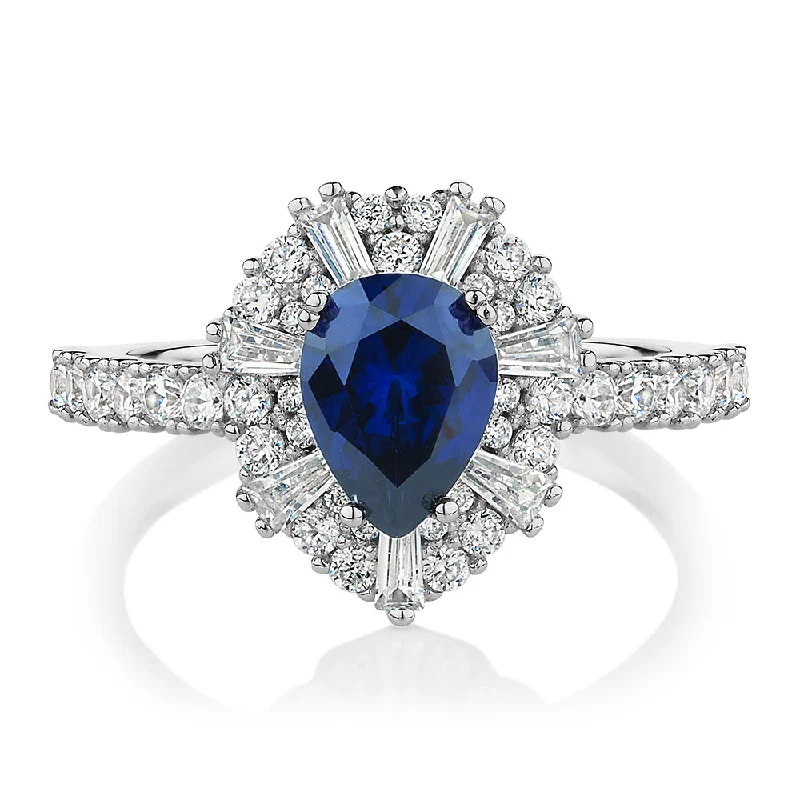 women’s gemstone promise rings -Dress ring with sapphire simulant and 0.86 carats* of diamond simulants in sterling silver