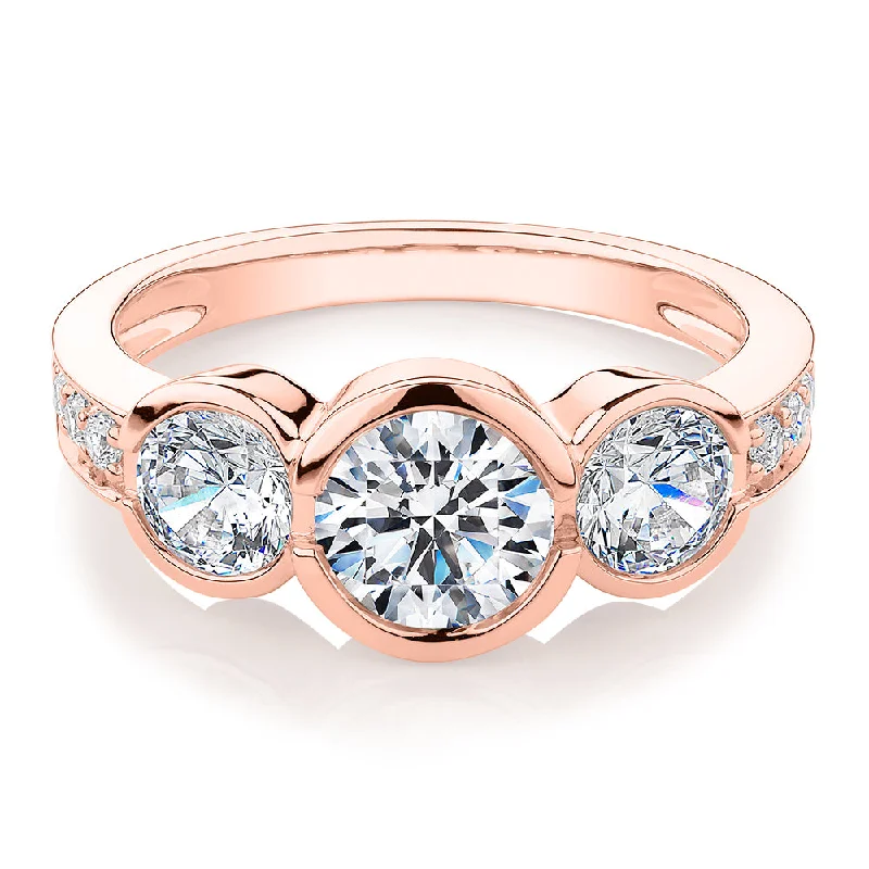 sapphire rings for women -Three stone ring with 2.11 carats* of diamond simulants in 10 carat rose gold