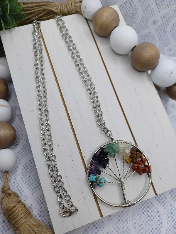 adjustable necklaces for women -Silver Necklace w/ Multicolored Beaded Tree of Life Pendant