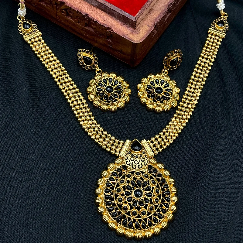 trendy fashion necklaces for women -Antique Gold Black Big Pendant necklace set.