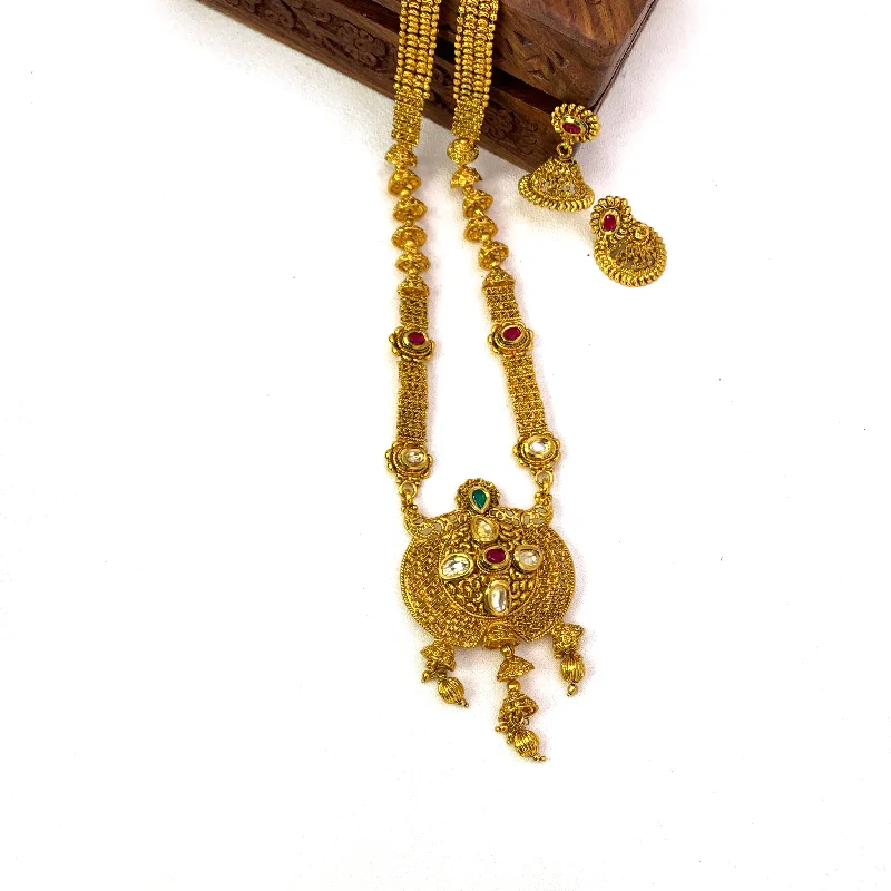 delicate crystal necklaces for women -Traditional Long Antique Gold Necklace Set wiht Kundan stones and Jhumka