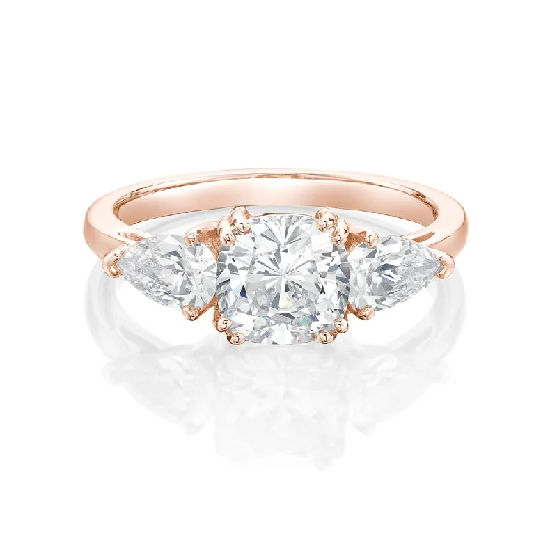 rose gold rings for women -Three stone ring with 2.5 carats* of diamond simulants in 10 carat rose gold