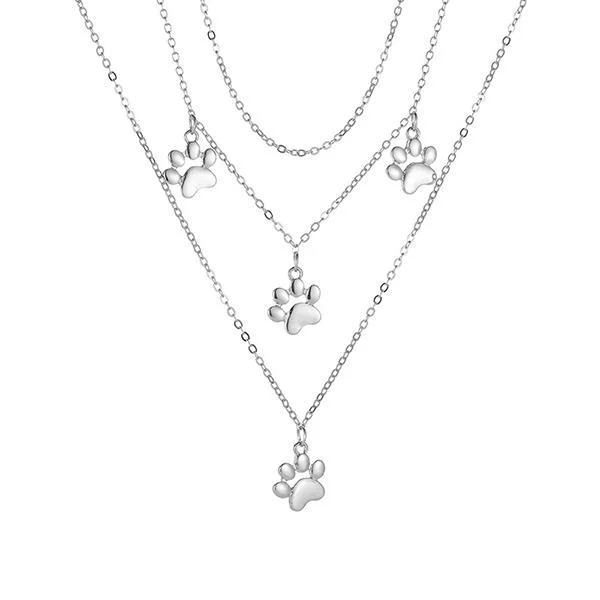 gold chain necklaces for women -Silver Layered Necklace w/ Paw Print Charms