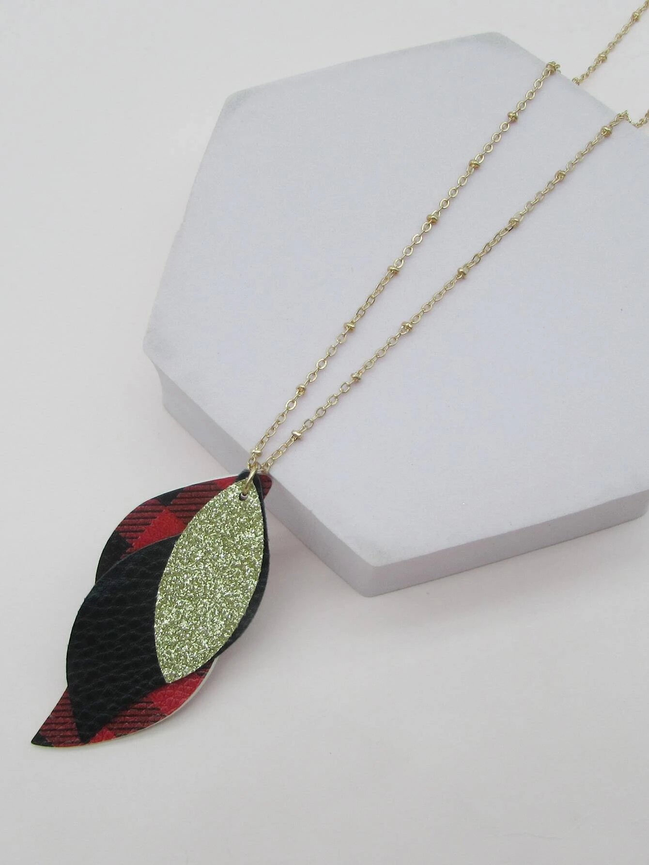 beautiful heart necklaces for women -Gold Necklace w/ Triple Layered Gold Glitter & Buffalo Plaid Pendant