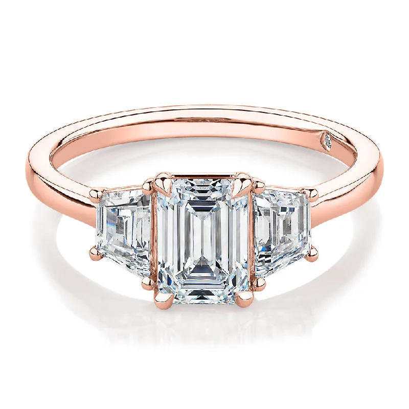 adjustable rings for women -Signature Simulant Diamond 1.87 carat* TW emerald cut three stone ring in 14 carat rose gold