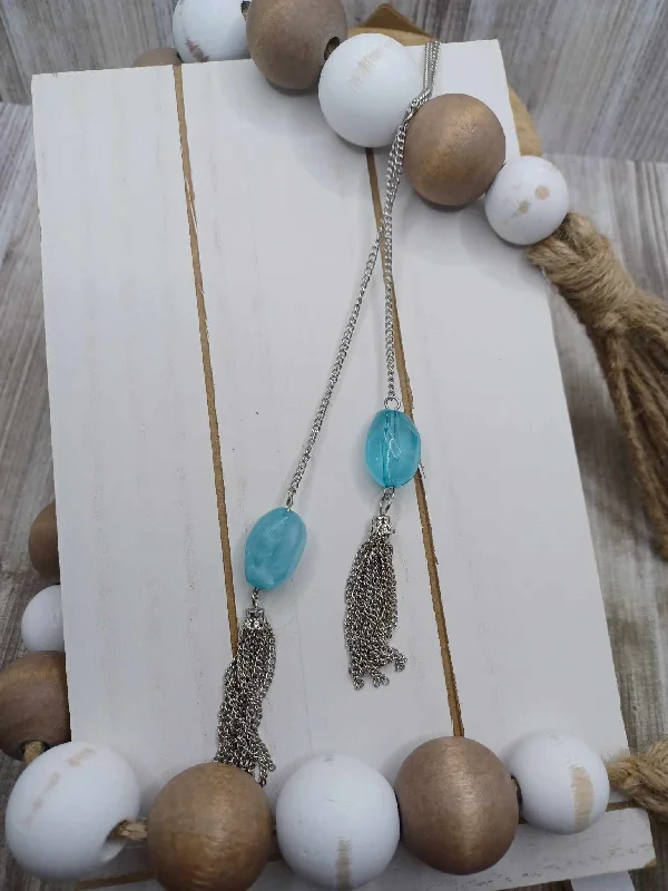 minimalist necklaces for women -Silver Necklace w/ Blue Marbled Pendants & Silver Tassels