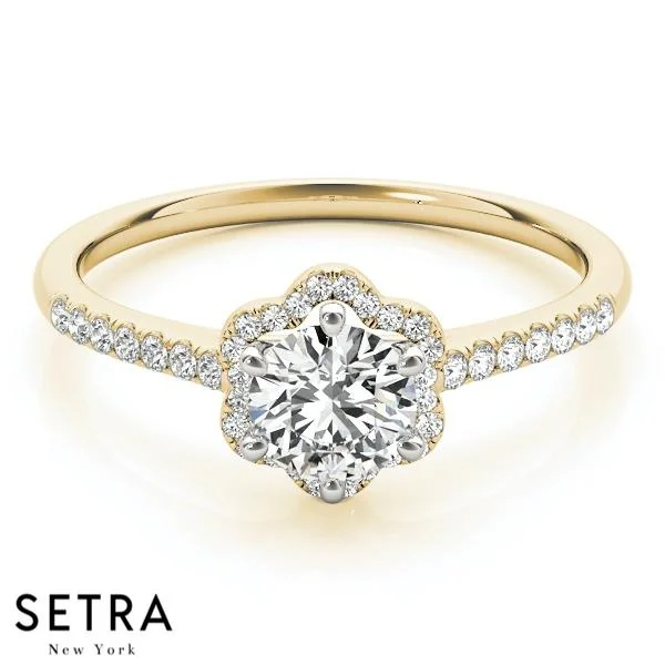 trendy engagement rings -18K FINE GOLD ROUND CUT DIAMOND IN SEMI-MOUNT STAR HALO ENGAGEMENT RING