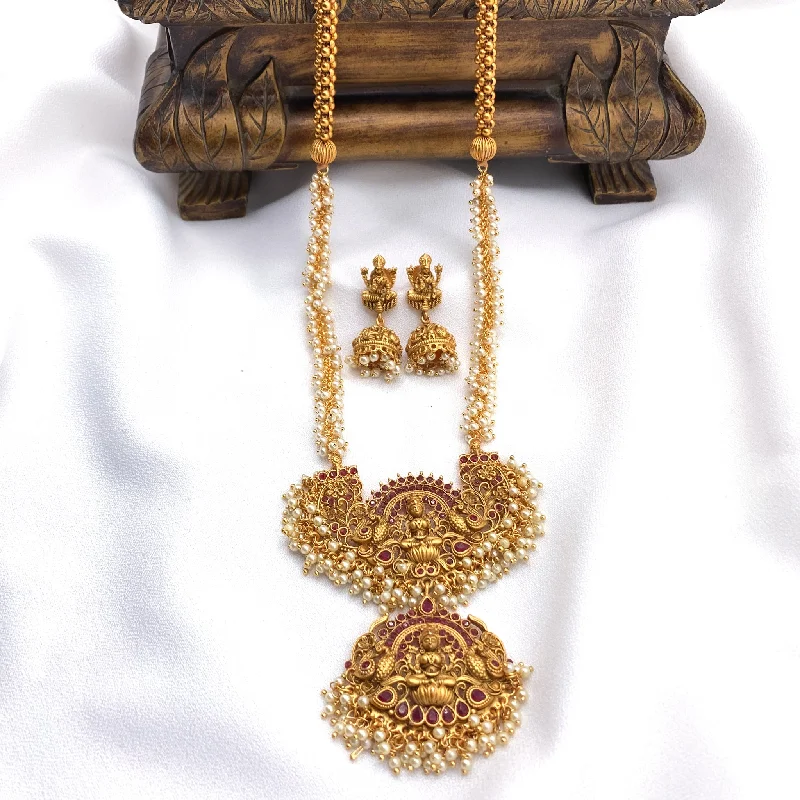 affordable gold necklaces for women -Radiant Long Antique Matte Gold Lakshmi Temple Necklace Set with Jhumka