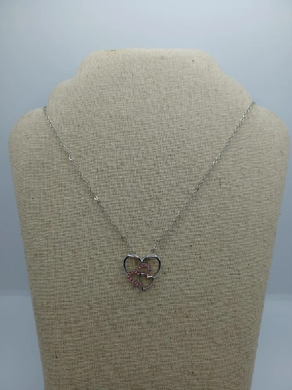 diamond necklaces for women -Silver Triple Heart Necklace w/ Pink Rhinestones