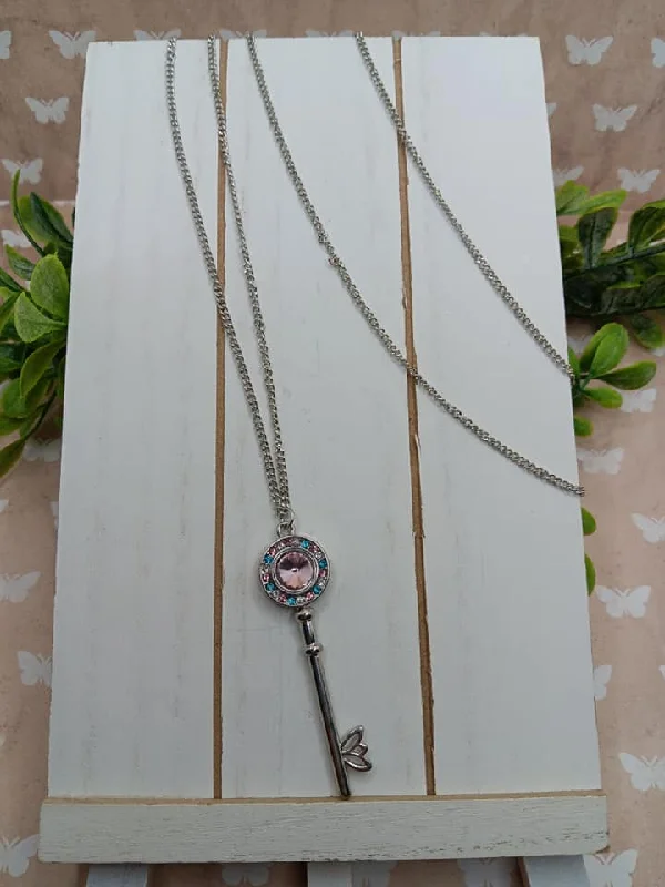 fashion necklaces for women -Silver Key Necklace w/ Pink & Blue Rhinestones