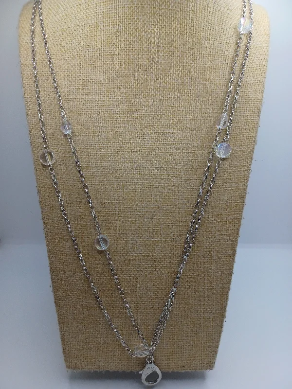 fashion necklaces for women -Silver Double Layered Necklace w/ Iridescent Beading & Lanyard Detail