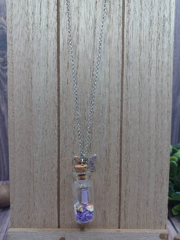 fashion lockets for women -Silver Necklace w/ Butterfly & Purple Stones in a Bottle