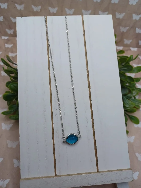 women’s choker chain necklaces -Silver Necklace w/ Dainty Blue Faceted Pendant