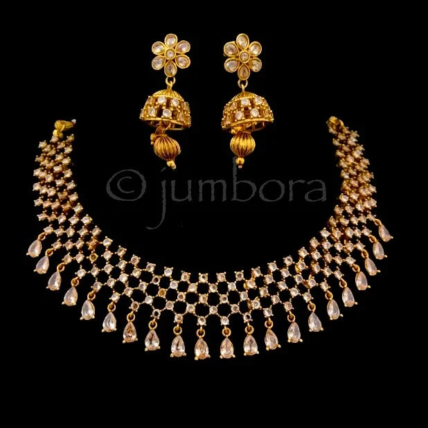 romantic necklaces for women -Polki Champagne color LCD Stone Necklace with Jhumka earring