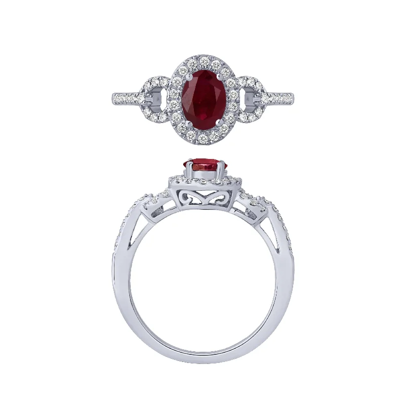 diamond rings for women -14K White Gold Ruby And Diamond Ring Oval Ruby Center