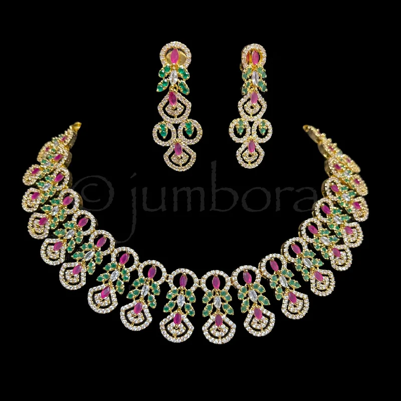 colorful gemstone necklaces for women -Ruby Red, Emerald Green, & White AD Zircon (CZ) Necklace set