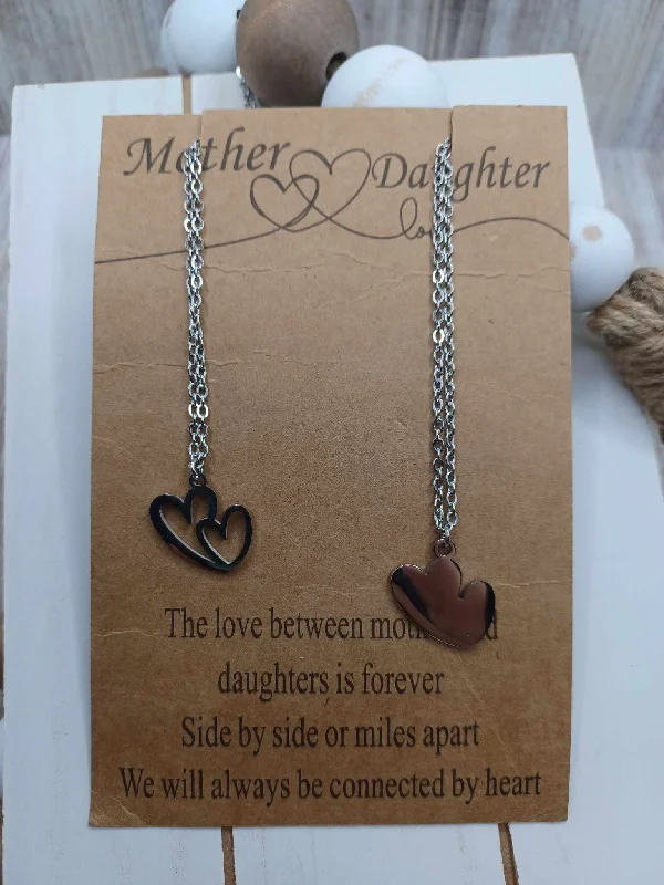 boho necklaces for women -Silver Heart Necklace Set - Mother & Daughter