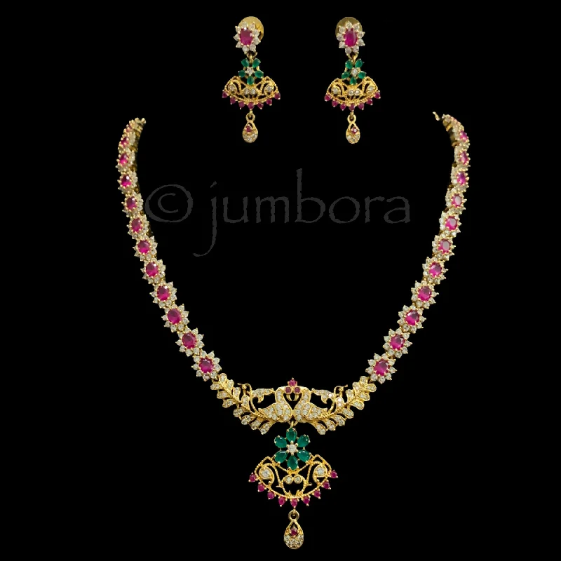 celebrity-inspired necklaces for women -Elegant Peacock Ruby & Emerald AD Zircon (CZ) Necklace