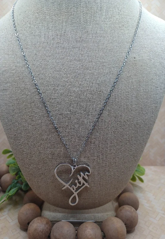 silver statement necklaces for women -Silver Faith Heart Necklace