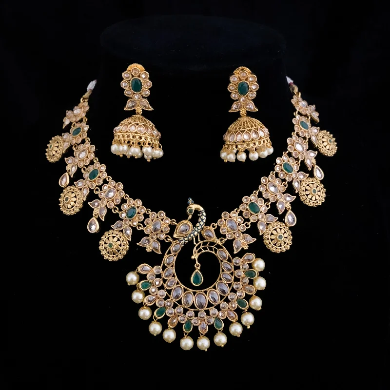 vintage silver necklaces for women -Magnificient Peacock Antique Gold Necklace Set with LCD stones and jhumka