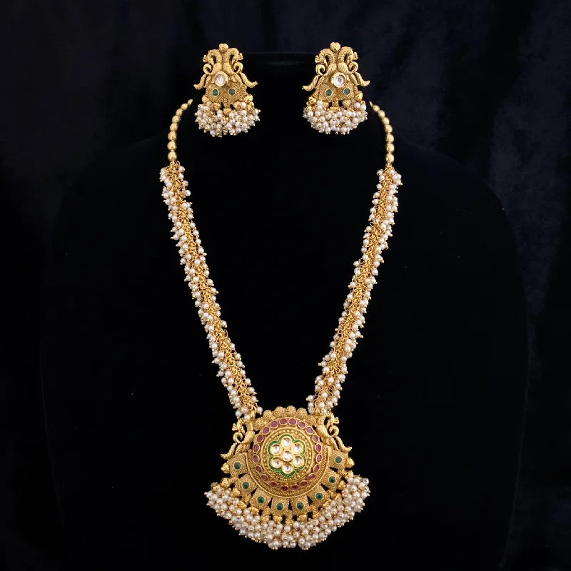 delicate necklaces for women -Radiant Long Antique Gold Pearl Mala Necklace Set with Kundan Pendant