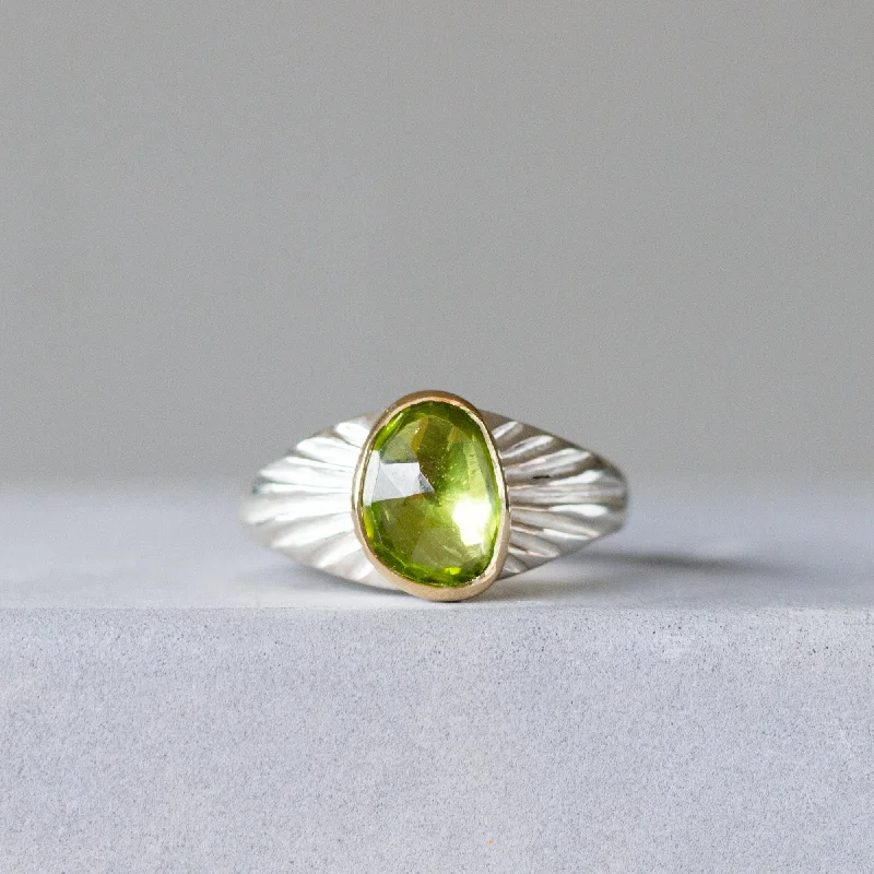 high-end engagement rings -Rose Cut Peridot Silver and Gold Calista Ring #1