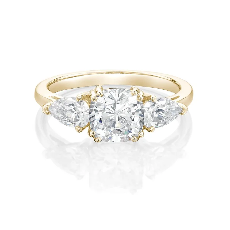 silver stackable rings -Three stone ring with 2.5 carats* of diamond simulants in 10 carat yellow gold