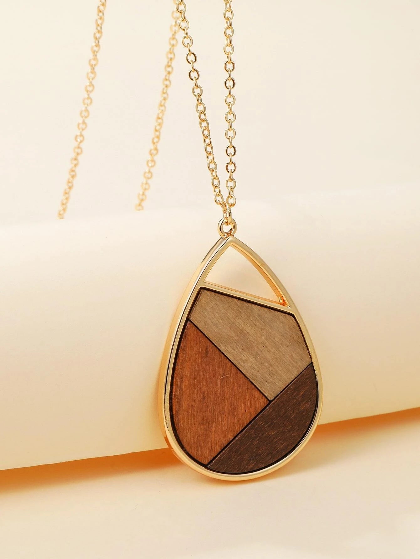 custom silver necklaces for women -Gold Necklace w/ Wooden Color Blocked Pendant