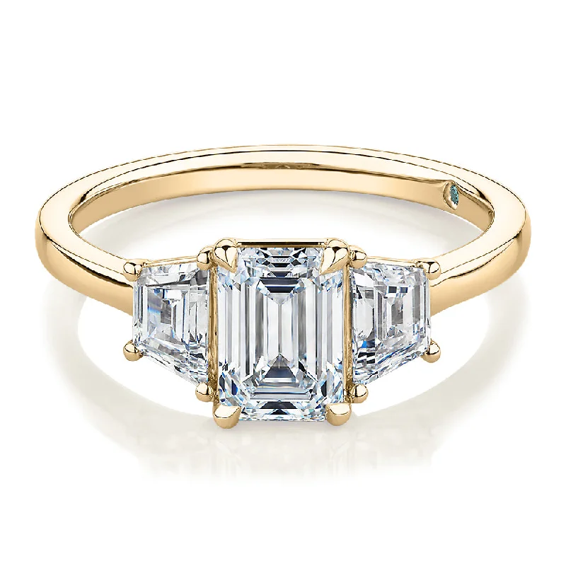 statement rings for women -Premium Certified Lab-Grown Diamond, 1.87 carat TW emerald cut three stone ring in 18 carat yellow gold