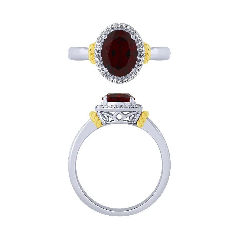 gold promise rings for women -14K Garnet And Diamond Halo Ring