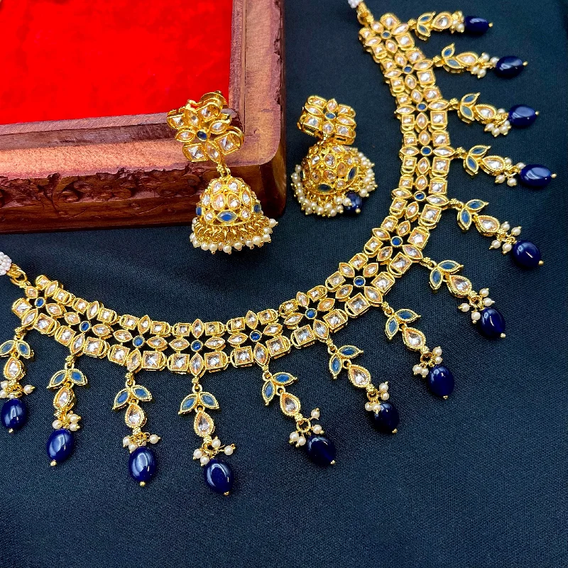 statement choker necklaces for women -Blue Polki Gold LCD Champagne AD stone Necklace with Jhumka Earring