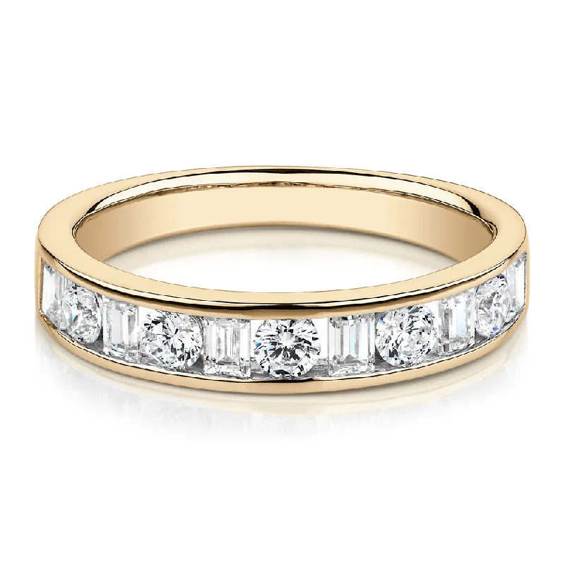 designer engagement rings for women -Round Brilliant wedding or eternity band with 0.76 carats* of diamond simulants in 14 carat yellow gold