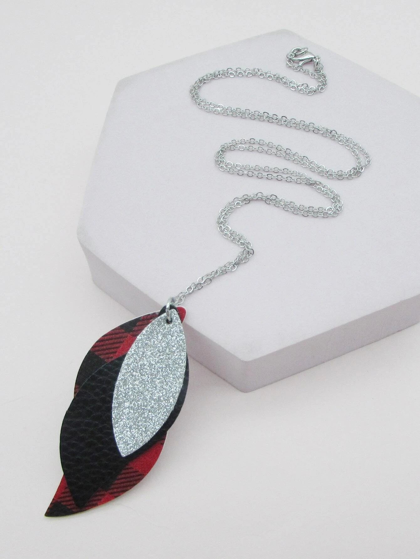 trendy layered necklaces for women -Silver Necklace w/ Triple Layered Silver Glitter & Buffalo Plaid Pendant