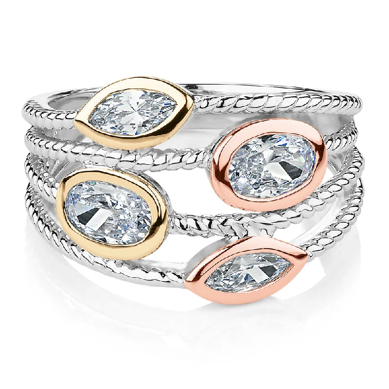 rose gold wedding rings -Dress ring with 1.36 carats* of diamond simulants in 10 carat yellow gold, rose gold and sterling silver