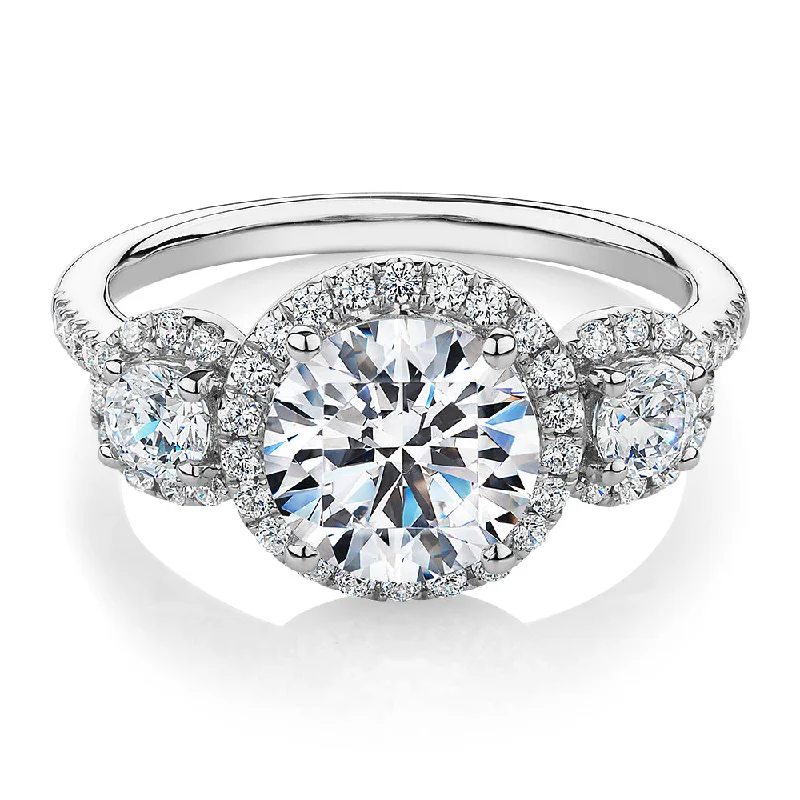 vintage engagement rings for women -Three stone ring with 2.68 carats* of diamond simulants in 10 carat white gold