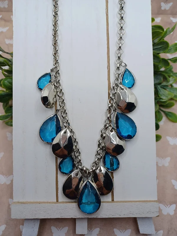 cute necklaces for women -Silver Necklace w/ Silver & Blue Acrylic Beading