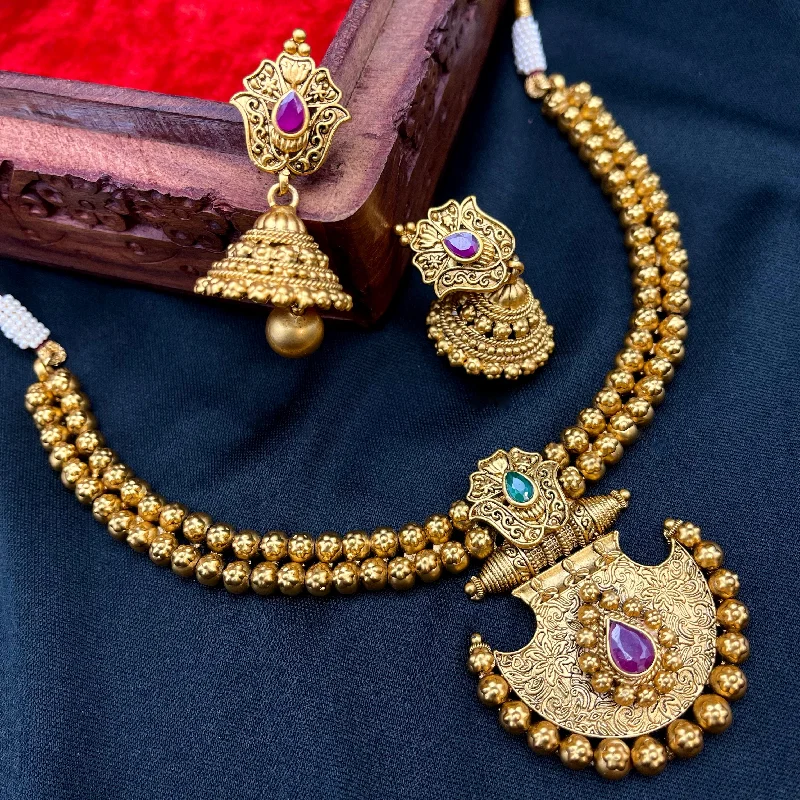 trendy necklaces for women -Rajwadi Gold Alike Statement Antique Gold Necklace & Jhumka