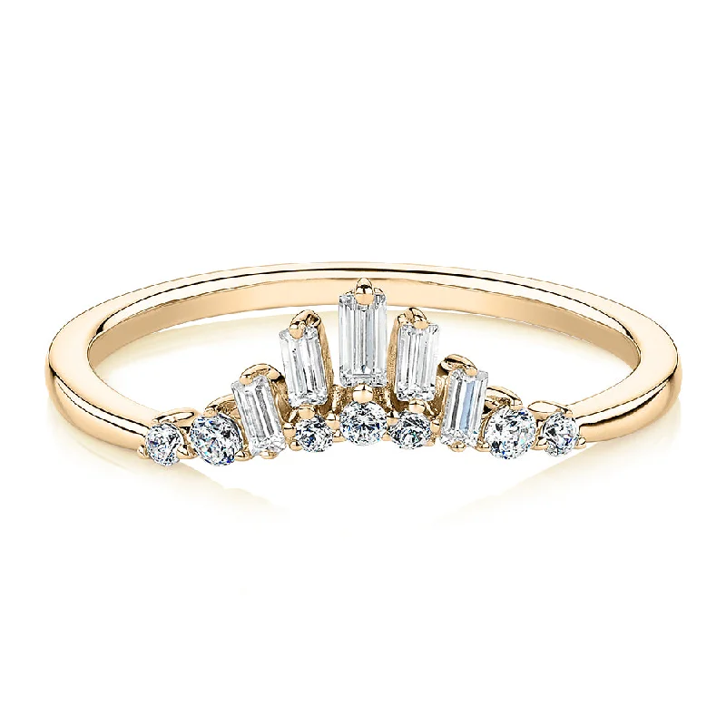 minimalist rings for women -Baguette curved wedding or eternity band with 0.35 carats* of diamond simulants in 10 carat yellow gold