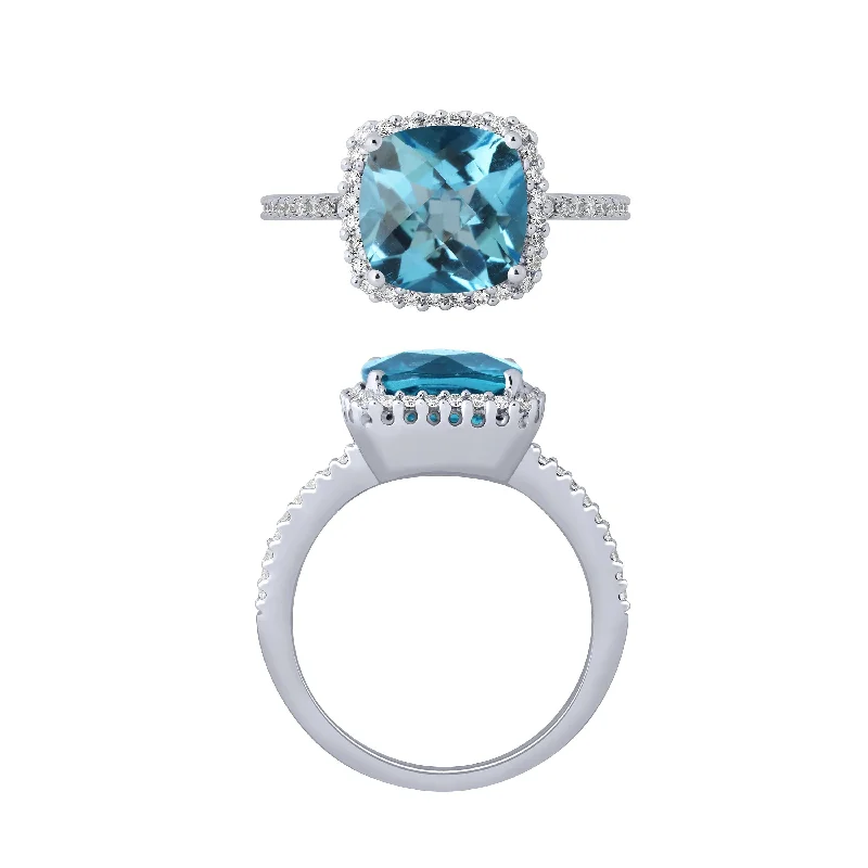 trendy rings for women -14K White Gold Cushion Topaz Halo Ring