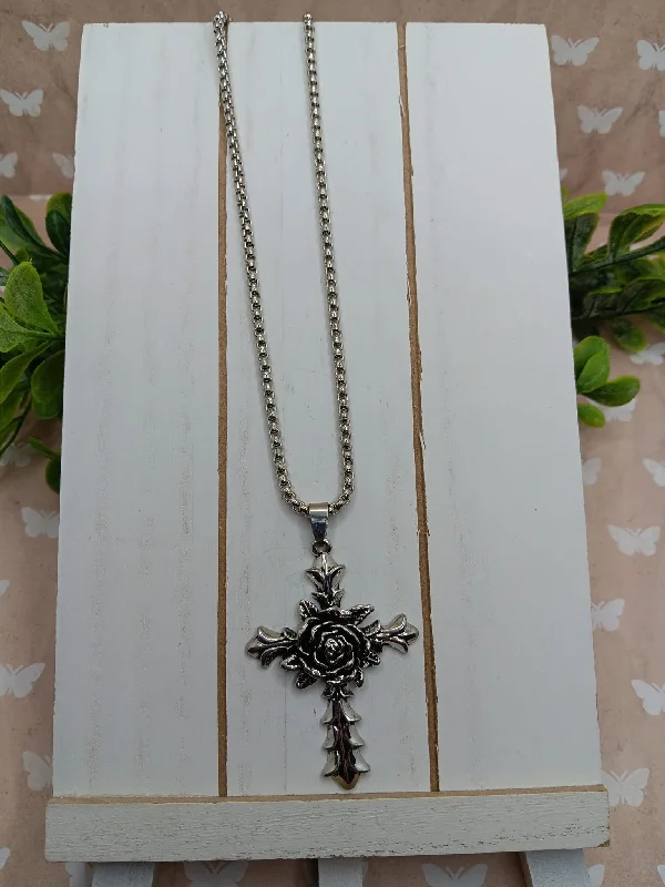 layered necklaces for women -Silver Chain Style Necklace w/ Rose Cross Pendant