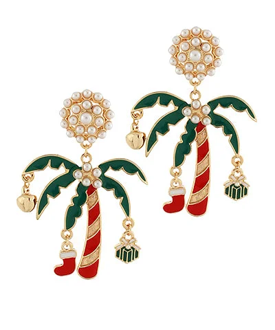 women’s fashion stud earrings -Christmas Palm Tree & Pearl Drop Earrings