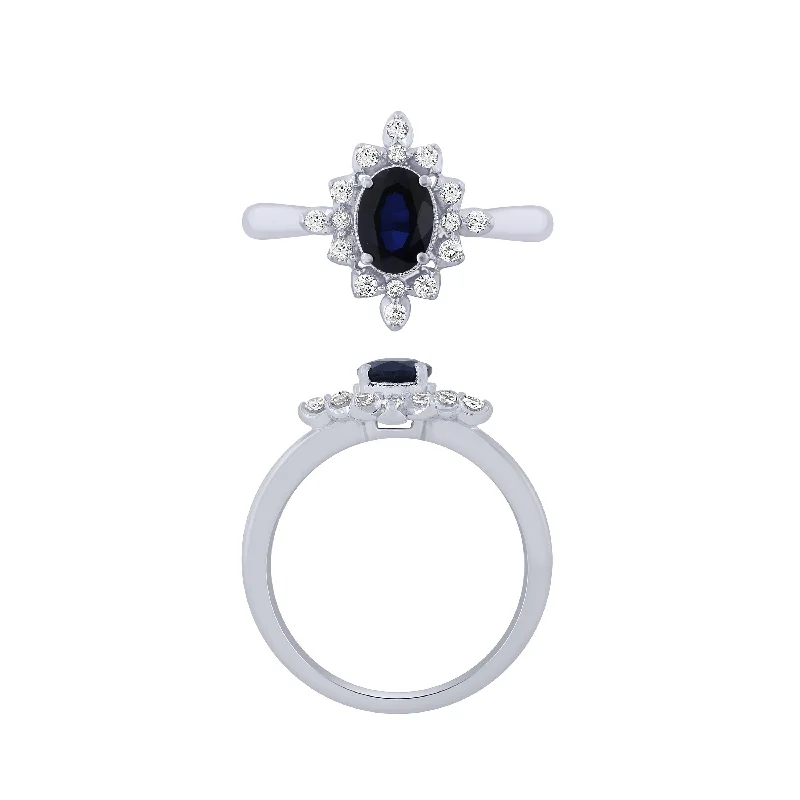 classic solitaire rings -14K White Gold Sapphire And Diamond Ring With 1.00Ct Center Oval Blue Sapphire