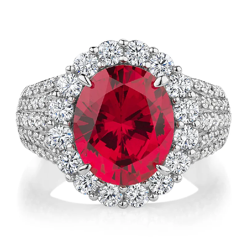 unique rings for women -Dress ring with ruby simulant and 1.83 carats* of diamond simulants in sterling silver