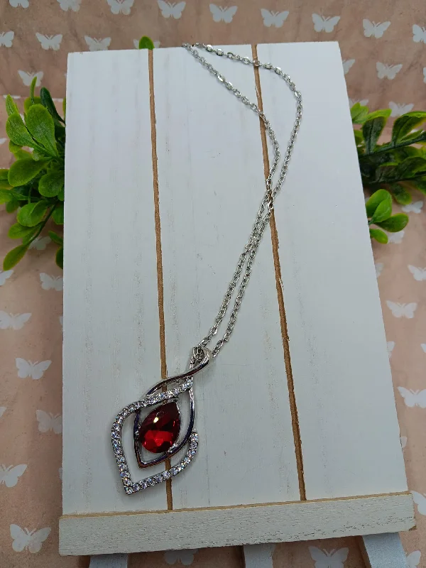 heart-shaped necklaces for women -Silver Necklace w/ Red & White Rhinestone Pendant