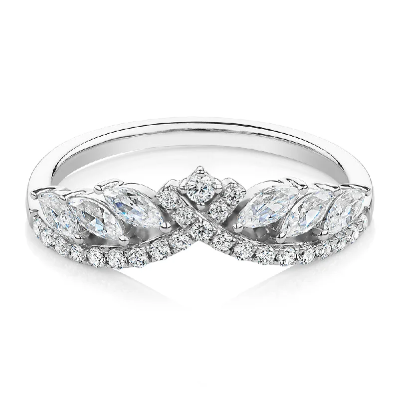 elegant rings for women -Marquise curved wedding or eternity band with 0.76 carats* of diamond simulants in 10 carat white gold