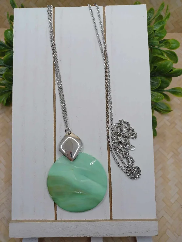 classic necklaces for women -Silver Long Necklace w/ Sea Foam & Silver Pendant