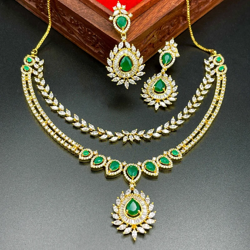 delicate crystal necklaces for women -Two-Row AD (Zircon) CZ Necklace with Emerald Green and White Stones